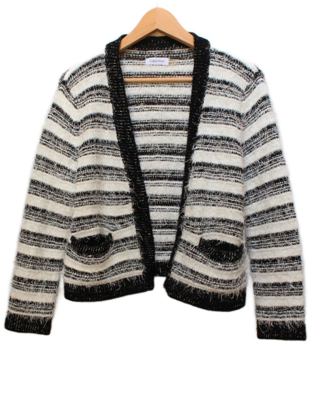 Calvin Klein Black White Striped Eyelash Knit Open Front Fall Cardigan Size XL